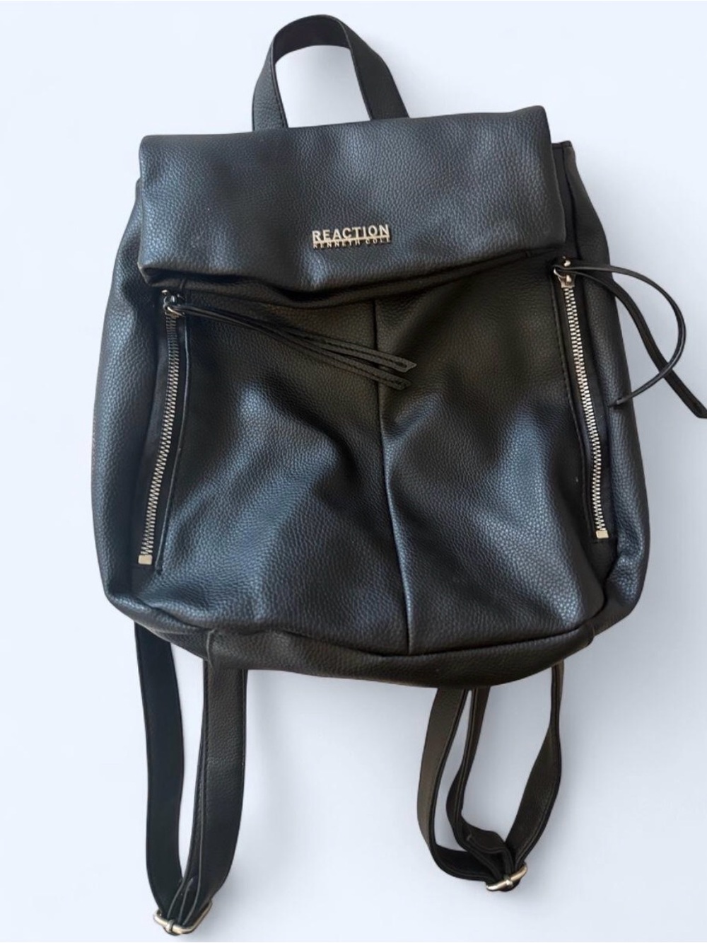 Kenneth Cole Reaction Black Pebbled Leather Backpack with Silver Zippers